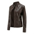 thumbnail image 3 of AZoiNM Women's Solid Textured PU Leather Jacket Stand Collar Casual Long Sleeve Coat, 3 of 15