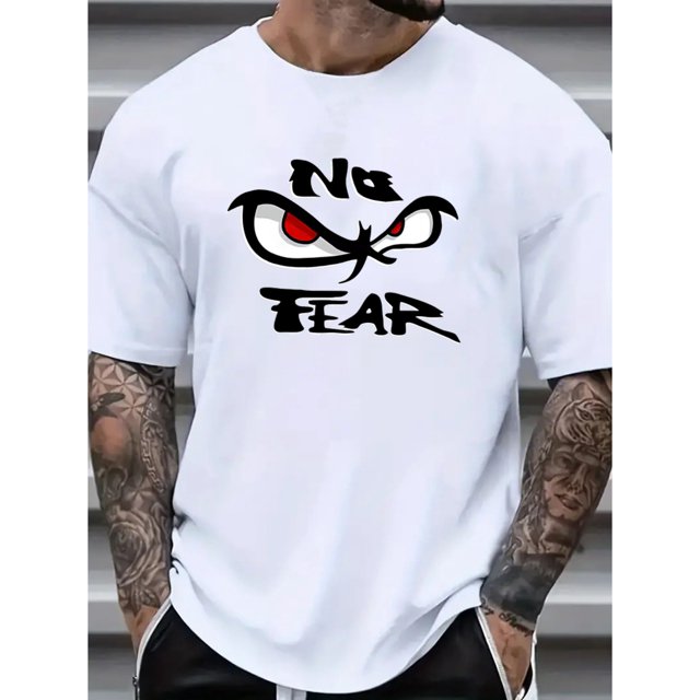 Camiseta con estampado gráfico "NO FEAR" para hombre, 100 % algodón, estilo casual, manga corta, cuello redondo, diseño de ojos llamativos con detalles rojos, cómoda para el día a día.