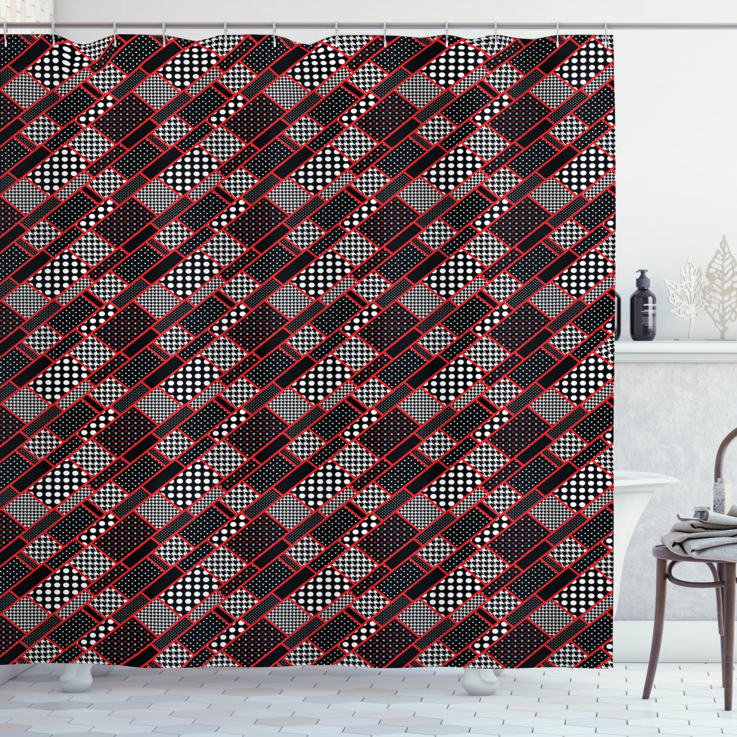 Red and Black Shower Curtain, Geometric Rectangle Frames Retro Patterns