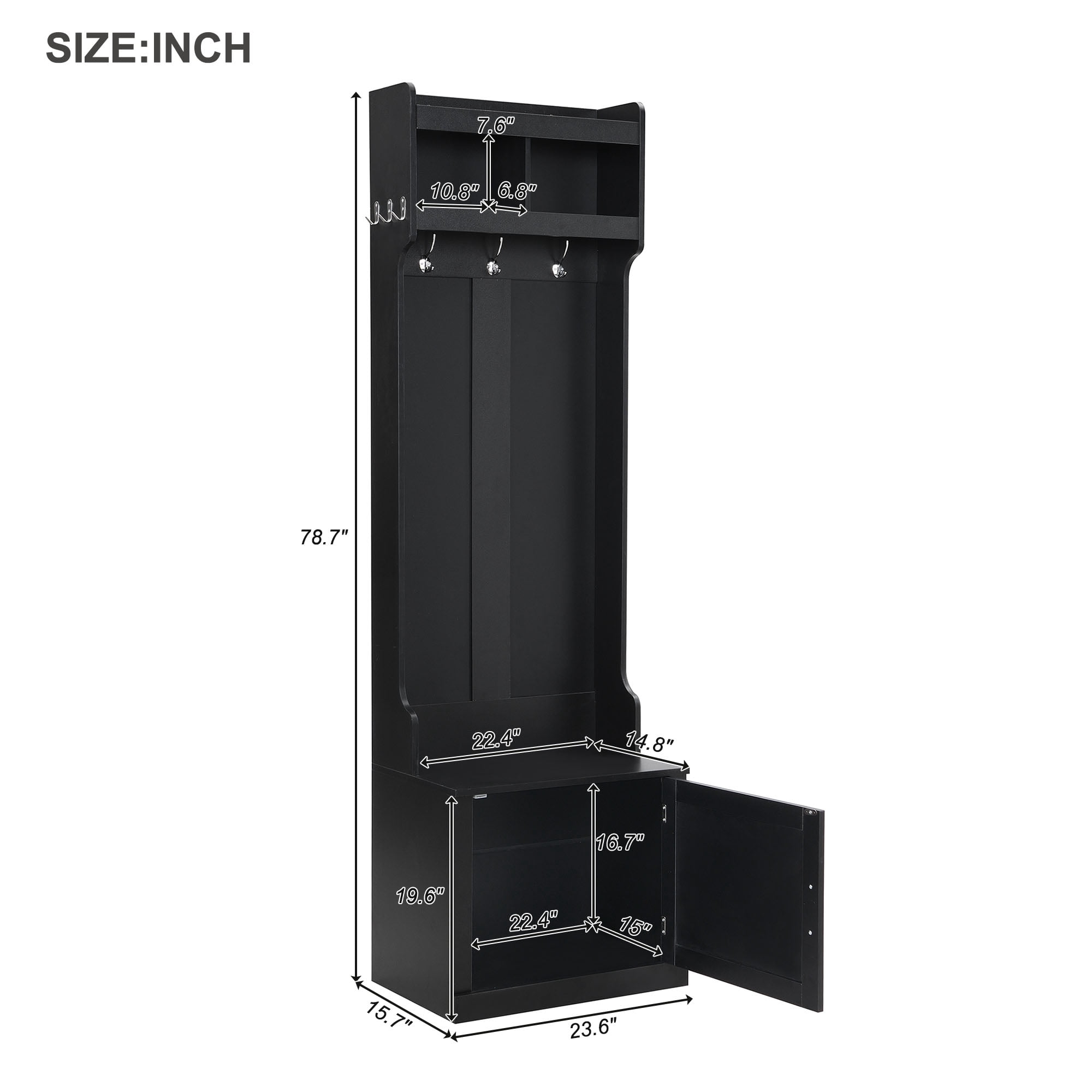 MAYEERTY Minimalist Hall Tree: Slim Cabinet, Multi-functional Storage Bench with Coat Rack, 6 Hooks, Black