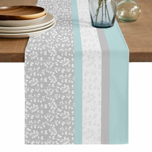 Aqua Grey Table Runner, Chic Garden Floral Stripe Embroidery Design Washable Cotton Linen Table Runners 48 Inches Long, Dresser Scarf Runner for Nightstand/Coffee/End Tables 13''x48''