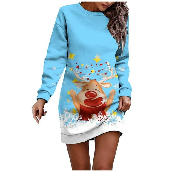 Women's Fashion Christmas Print Casual Dress Round Neck Long Sleeve Comfortable Winter Party Wear Flowy Elegant Tunic