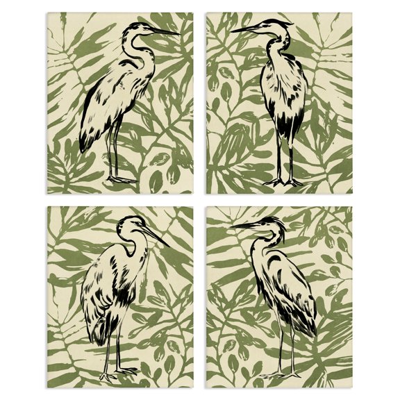 Stupell Industries Tropical Herons with Leaves Plants & Flowers Painting Wrapped Canvas Art Print Wall Art, 14 x 11, Set of 4