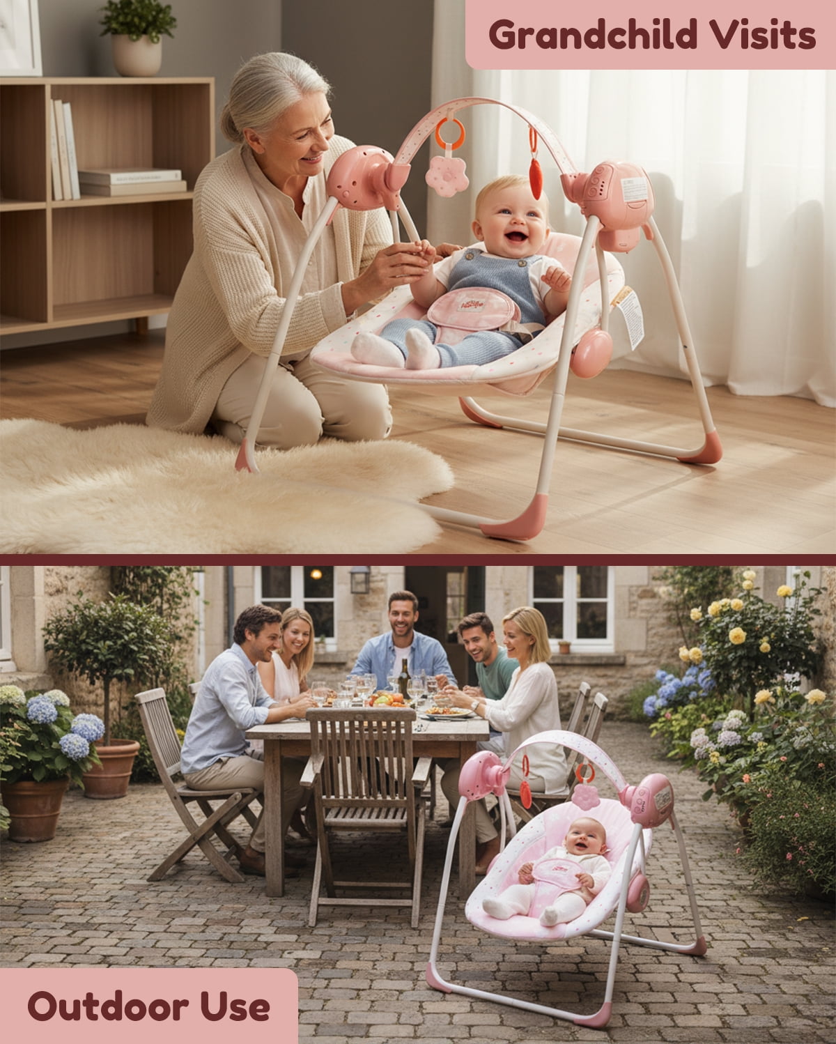 Tiny Marvels Deluxe Cozy Portable Baby Swings for Infants,Adaptable Speed,Music,Removable-Toy-Bar,Age 0-9 Months(Blush Bloom)