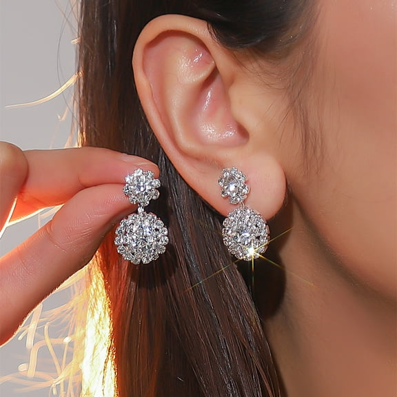 OUOYYO Floral & Round Crystal Dangle Jewelry Sparkling Double Drop Rhinestone Earrings for Women Elegant Party Wedding Accessories