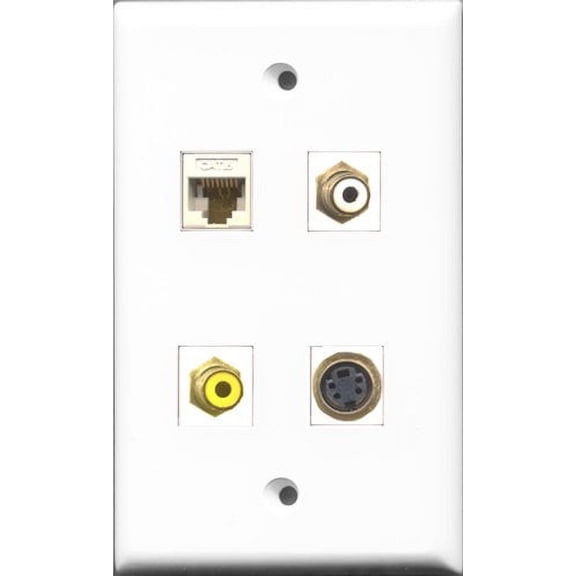 RiteAV 1 Port RCA White and 1 Port RCA Yellow and 1 Port S-Video and 1 Port Cat6 Ethernet White Wall Plate