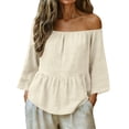 thumbnail image 3 of LangJing Womens Linen Peplum Babydoll Tops 3/4 Sleeve Summer Pleated Cotton Linen T-Shirts Dressy Casual Loose Fit Flowy Blouse Beige,XXL, 3 of 7