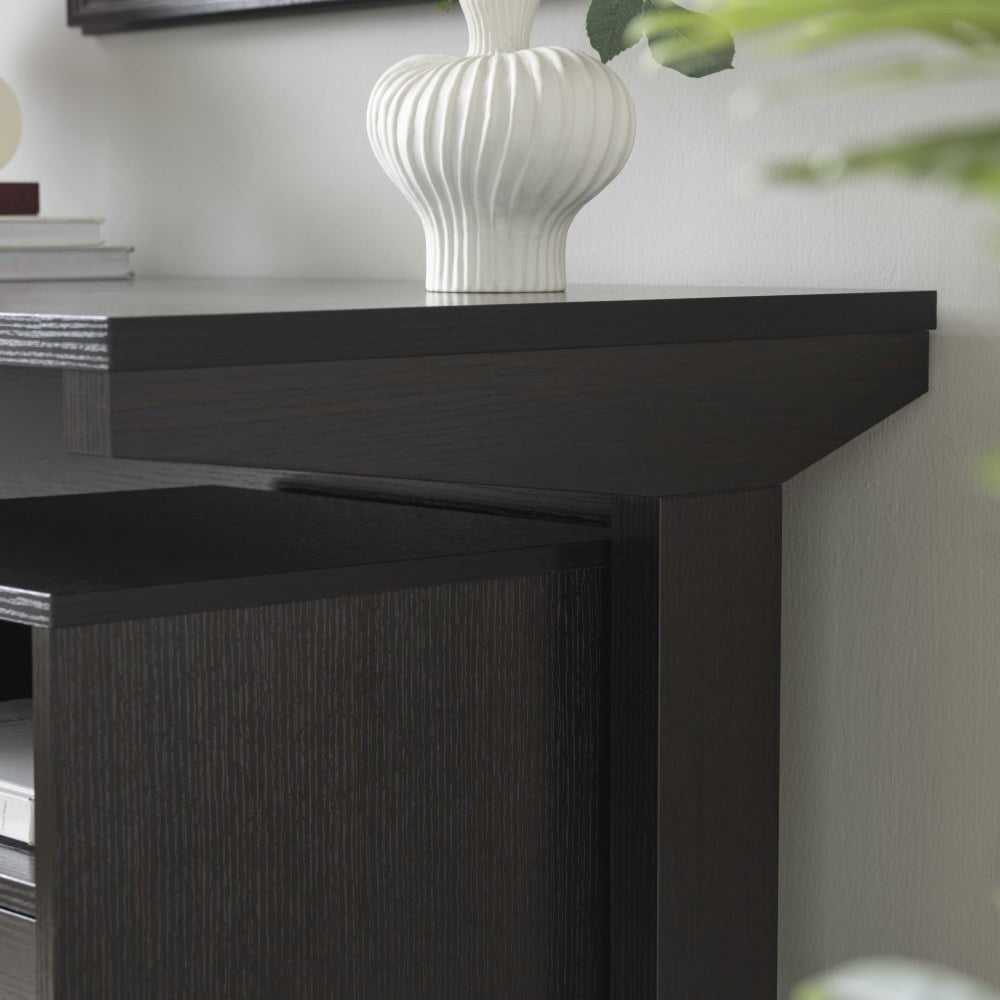 Home office desk with modesty panel and detached file cabinet on locking wheels with two drawers file drawer cubby shelf metal bar handle Cocoa color