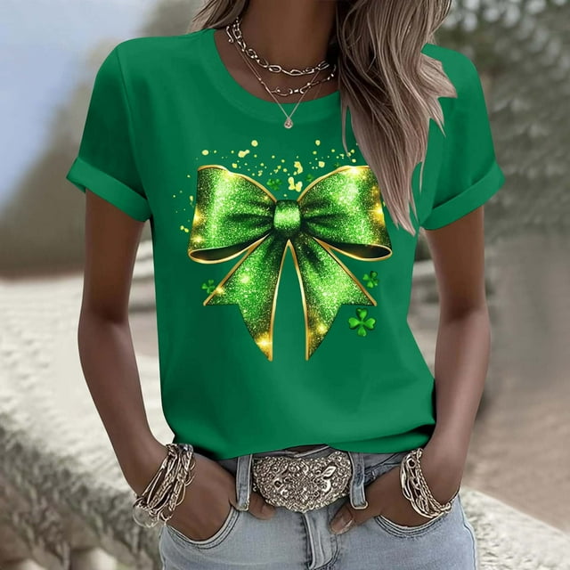 Elvqul Chemises pour Femmes Imprimé Élégant T-Shirts de la Saint-Patrick Col Rond Manches Courtes Grande Taille Hauts de Vacances Mignons pour Dames