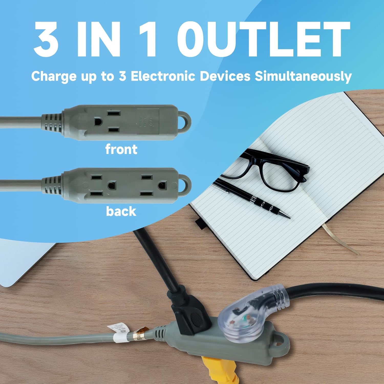 10 Ft Flat Plug Extension Cord，16/3 SJT Indoor Low Profile 3 Outlets Extension Cable with 45° Angled Flat Plug, Multiple Outlets Extension Cord, Grey
