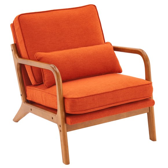 Ktaxon Fauteuil d'Appoint Mid-Century Modern, Fauteuil en Tissu de Lin avec Cadre en Bois Massif Orange