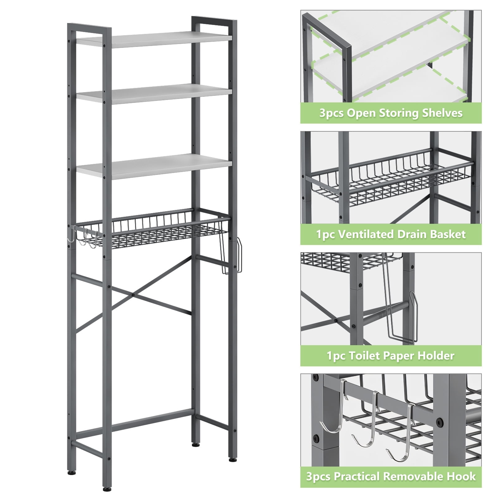 Biemlerfn Over The Toilet Storage Shelf, 4-Tier Wooden Bathroom Organizer Adjustable Saver Space Rack with Toilet Paper Holder, Gray&White