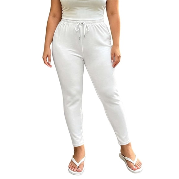 AherBiu Plus Size Yoga Pants for Women Slim Fitted Drawstring Elastic Waisted Stretch Comfy Loungewear Pants(X-Large,White)