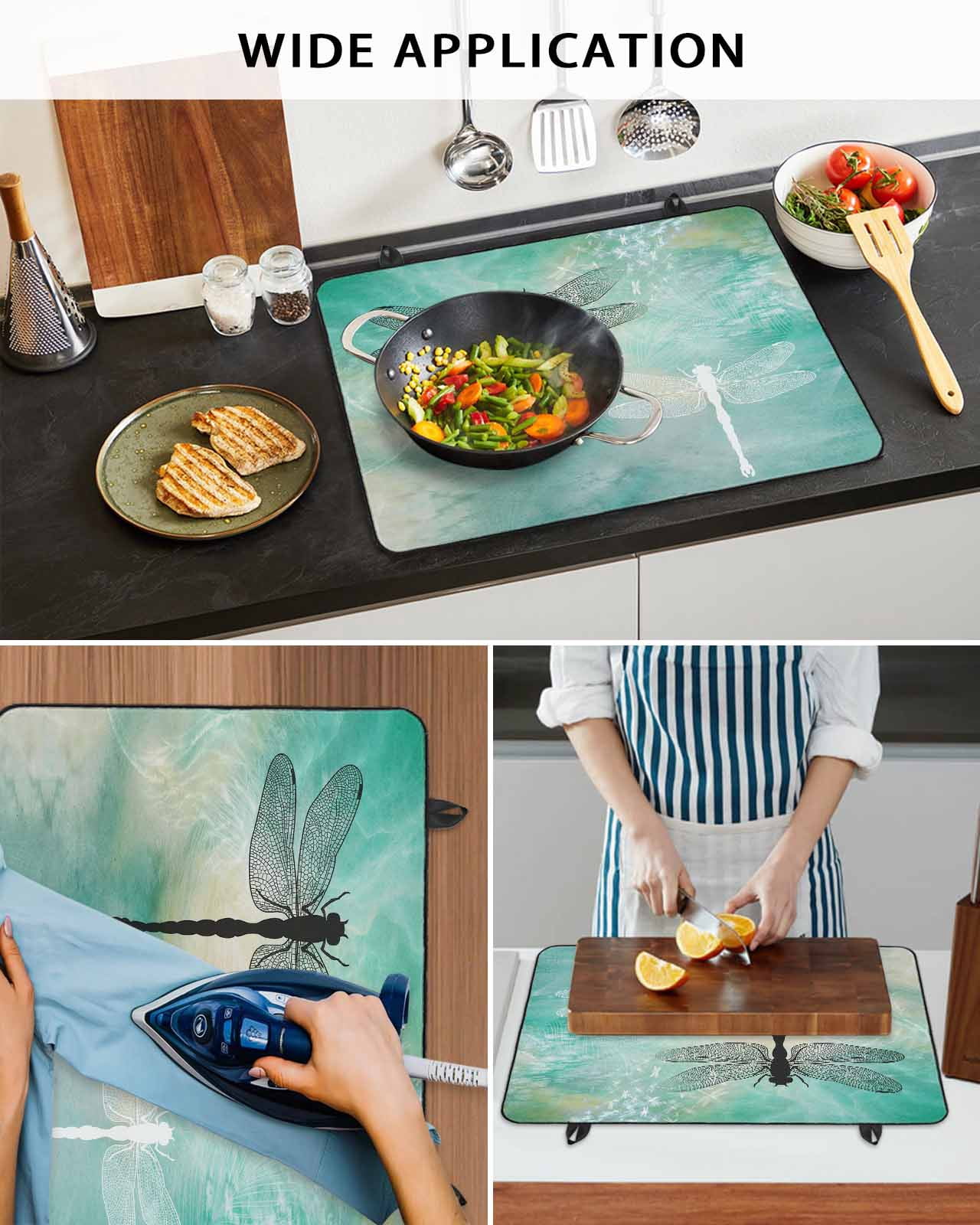 Large Induction Cooktop Protector Mat Dragonfly Stove Top Covers for Electric Stove, Modern Abstract Gradient Teal Green Decorative Stove Burner Cover Mats, Glass Top Stove Cover