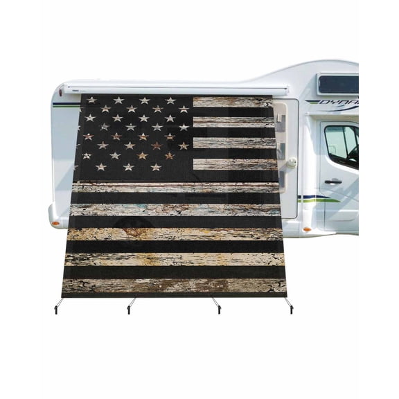 4th of July RV Awning Sun Shade Screen 9'X7' Vintage American Flag Mesh Sunscreen Old Retro Wood Grain Awning Shade Screen with Zipper UV Blocker Completed Kits for RV Motorhome Camper