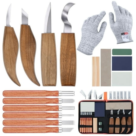 Ninonly 17Pcs Wood Carving Tools, Wood Carving Knife Set Beginner Kit, Wood Whittling Kit with 6PCS Carbon Steel Wood Carving Knife, Gloves Chip Carving Detail Knife Sandpaper for Woodworking