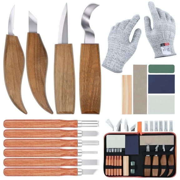 Ninonly 17Pcs Wood Carving Tools, Wood Carving Knife Set Beginner Kit, Wood Whittling Kit with 6PCS Carbon Steel Wood Carving Knife, Gloves Chip Carving Detail Knife Sandpaper for Woodworking