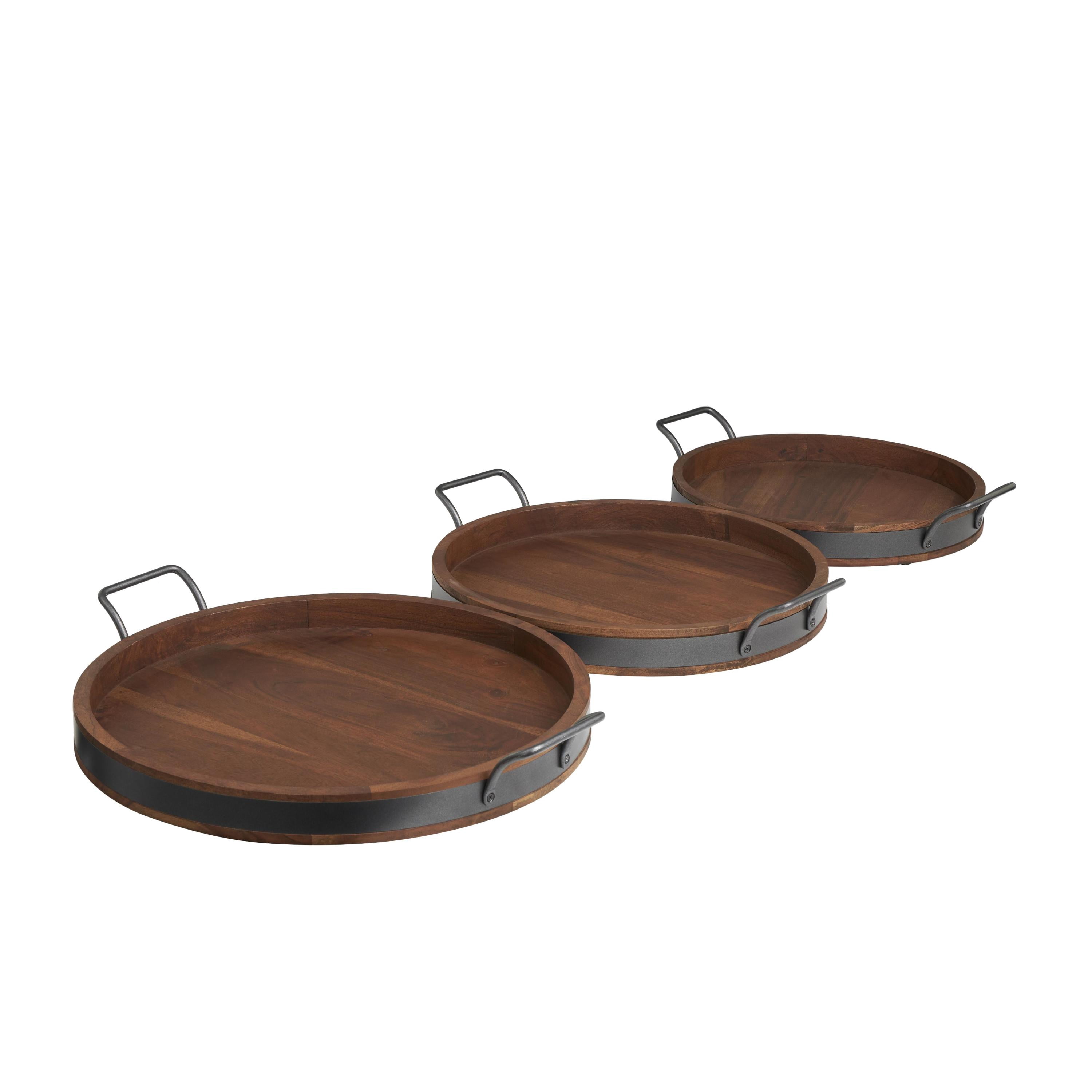 DecMode 22", 19", 18"W Brown Wood Nesting Tray with Black Metal Handles, 3-Pieces