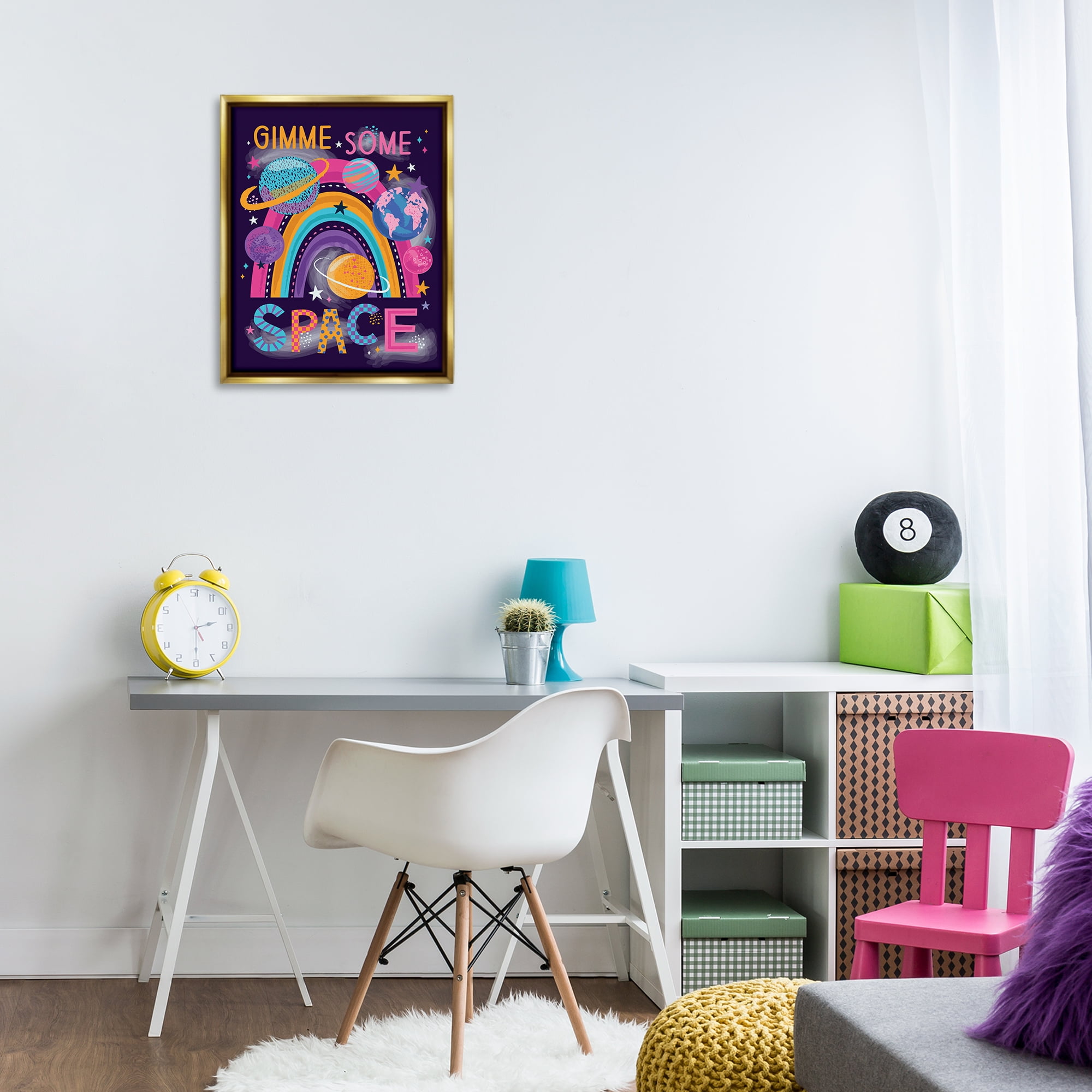 Stupell Industries Gimme Space Planets & Rainbow Astrology & Stars Painting Gold Floater Framed Canvas Art Print Wall Art, 17 x 21