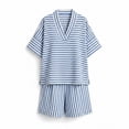 thumbnail image 6 of Cagogo Women Plus Size Striped 2 Piece Set V Neck Short Sleeve Blouse Shorts Casual Loose Boho Vacation Outfits Summer Cruise Travel Matching Lounge Clothes, Blue M, 6 of 6