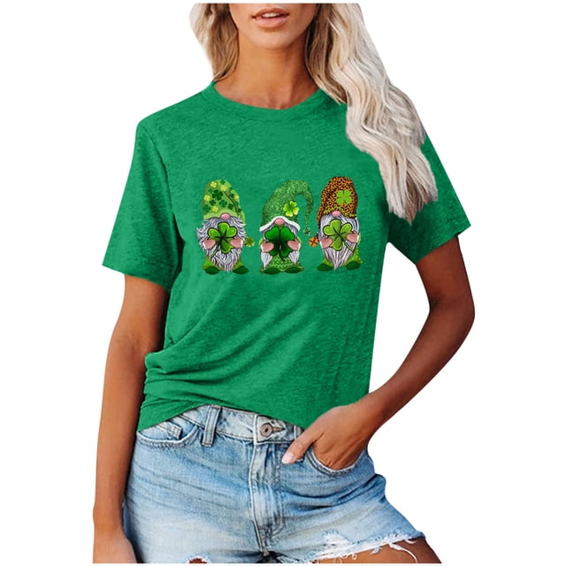 QIPOPIQ T-Shirts à Manches Courtes pour Femmes Col Rond St. Patrick's Day T-Shirts Saint Patricks Day Trèfle T-Shirt Vert Hauts T-Shirt Vacances T-Shirts Graphiques Offres