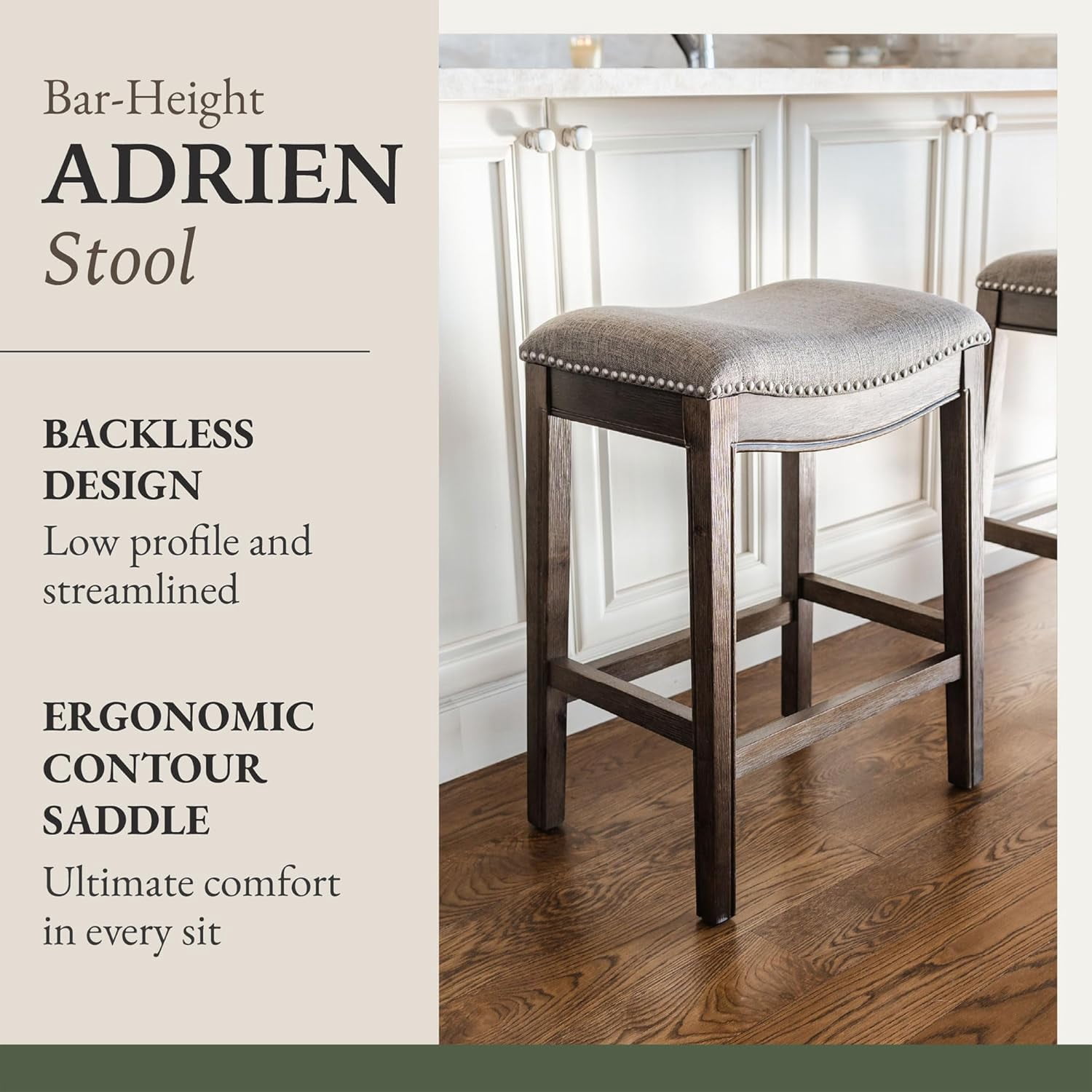 Maven Lane Adrien 31" Wood Barstool - Handcrafted Walnut Finish with Ash Grey Fabric Seat for Comfort - Durable Backless Barstool for Kitchens, Dining Rooms, Pub