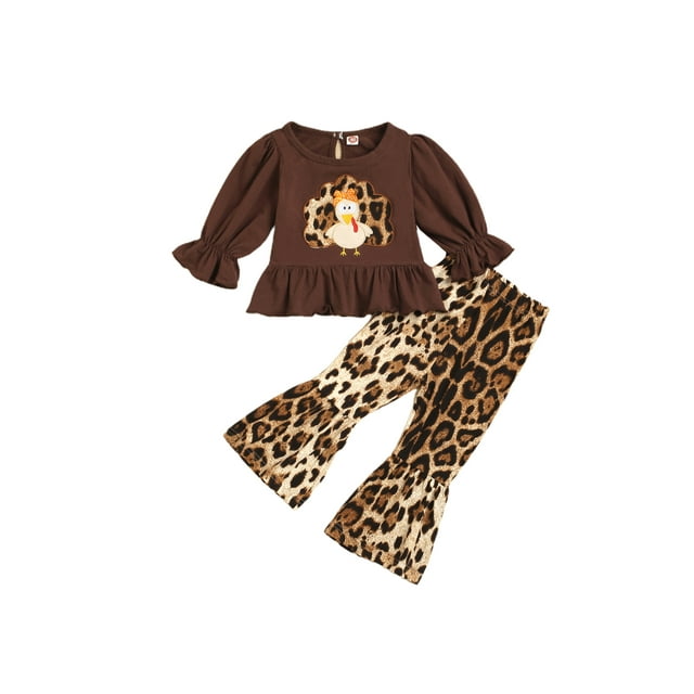Xingqing Thanksgiving Toddler Baby Girl Ruffle Long Sleeve Turkey Printed Tops + Leopard Flared Pants 2Pcs Clothes