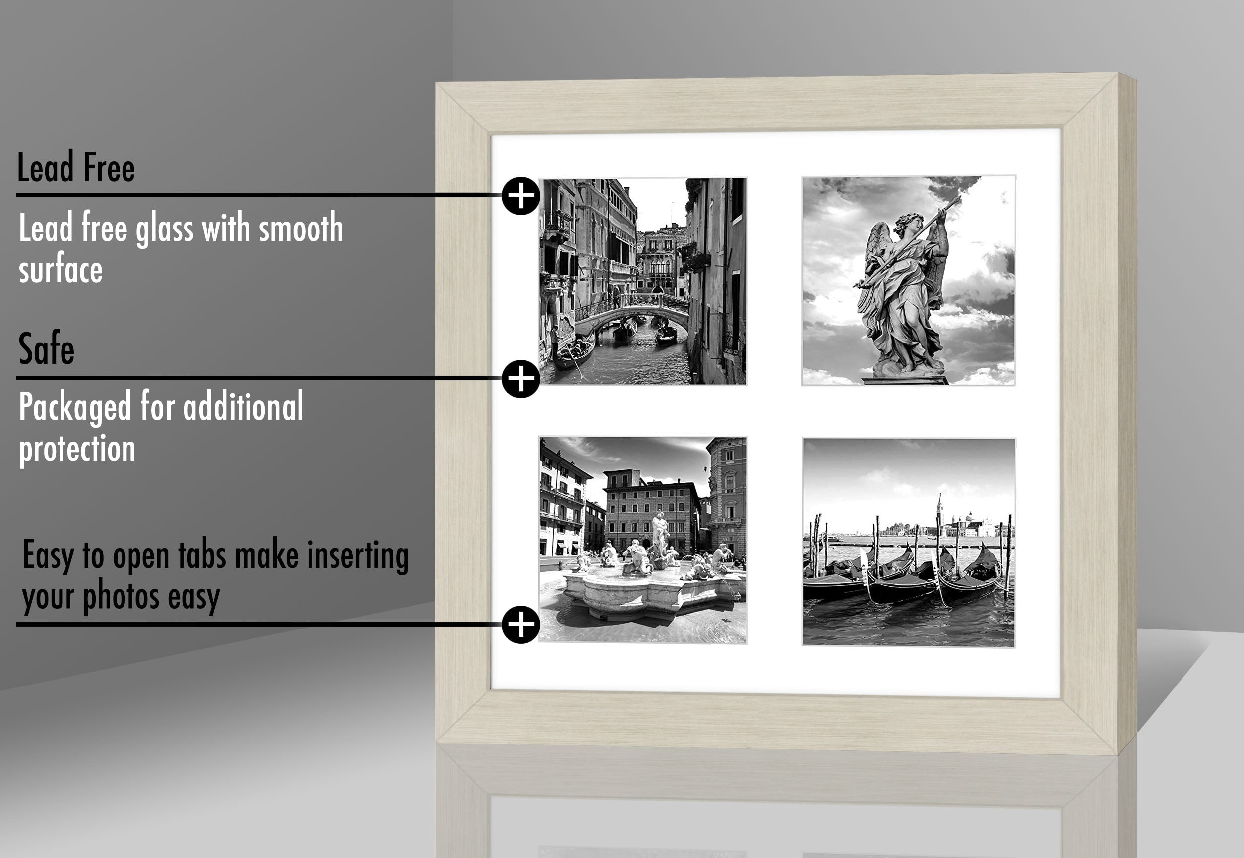 10x10 Collage Picture Frame in Light Wood With Four 4x4 Inch Openings - Composite Wood with Shatter Resistant Glass - Horizontal and Vertical Formats for Wall