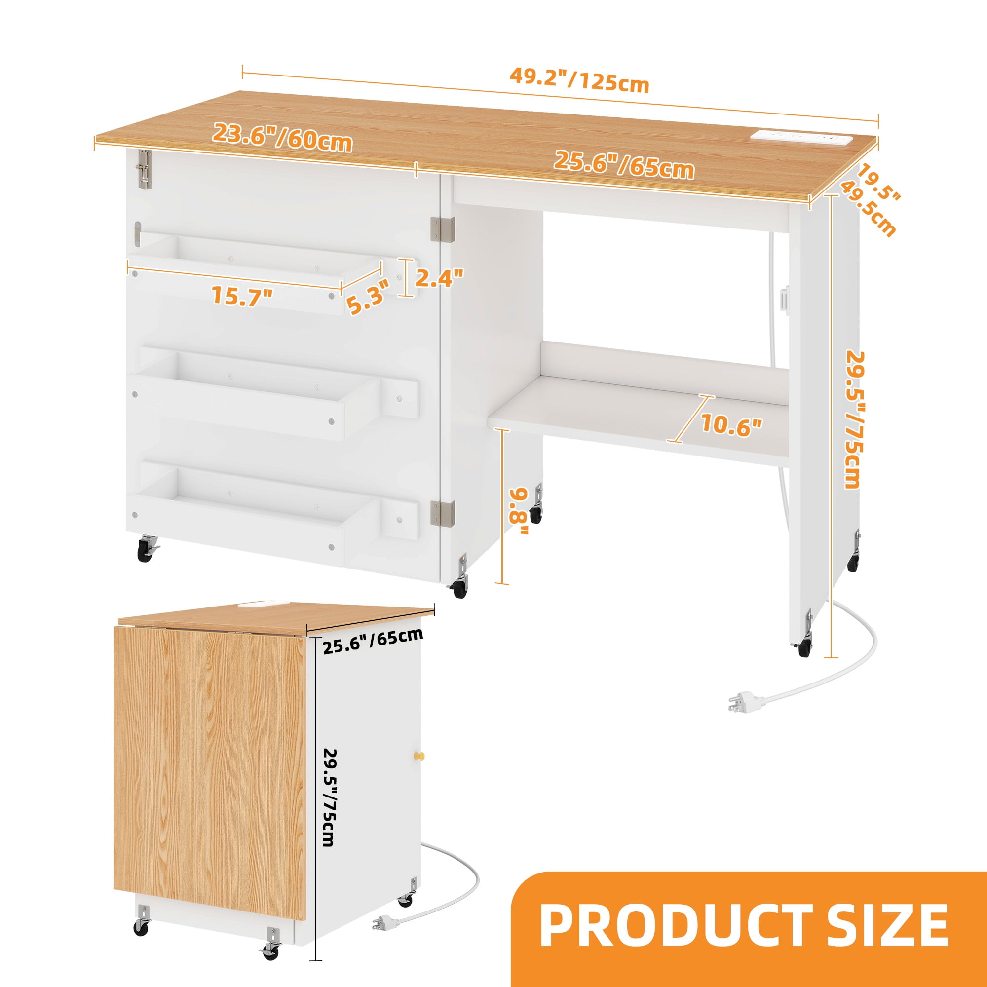 Craftian White Folding Sewing Craft Table with with Charging Station,Storage Shelves Cabinet Lockable Wheels