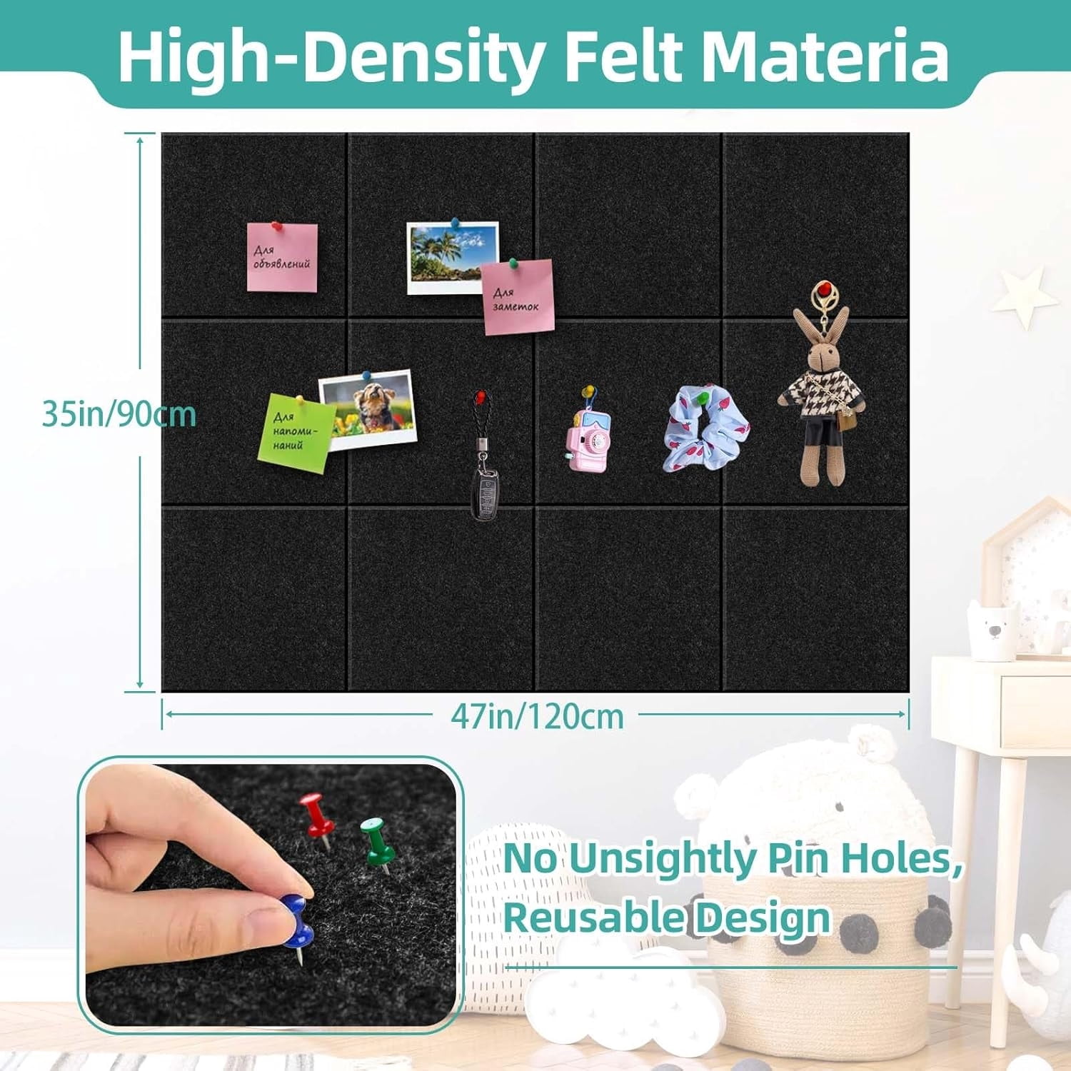 12 Pack Bulletin Board Topboutique Square Felt Wall Tiles Cork Board Large Corkboards Safe Removable Adhesive Tabs Corkboard Alternative for Wall with Pushpins for Home Office,12" x 12"-Black