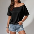 thumbnail image 4 of Womens T Shirts Summer Tops 2025 Solid Color Short Sleeve Off Shoulder Casual Stylish Tees Tshirts Shirts for Women, 4 of 6