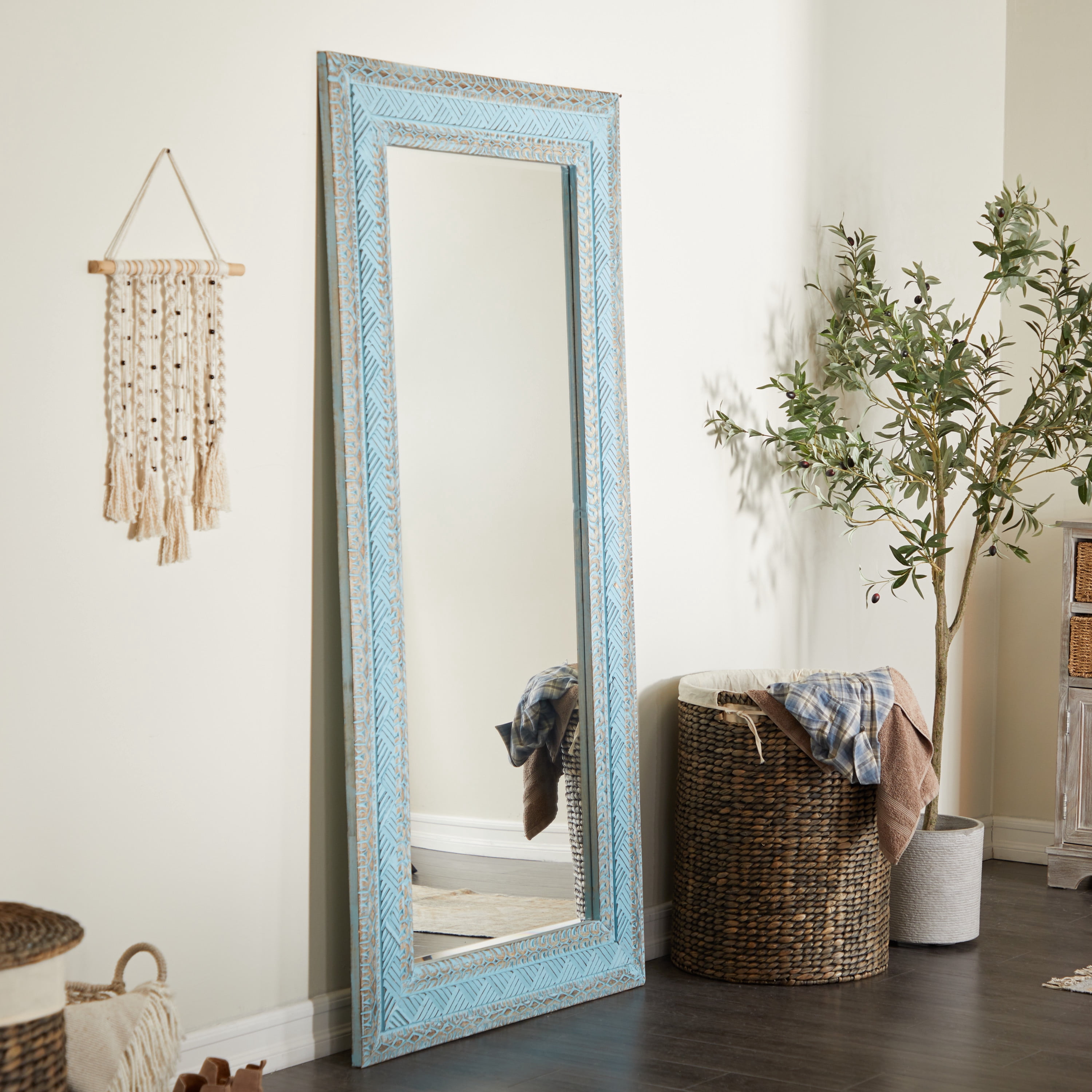 DecMode 36" x 72" Blue Carved Tribal Wall Mirror