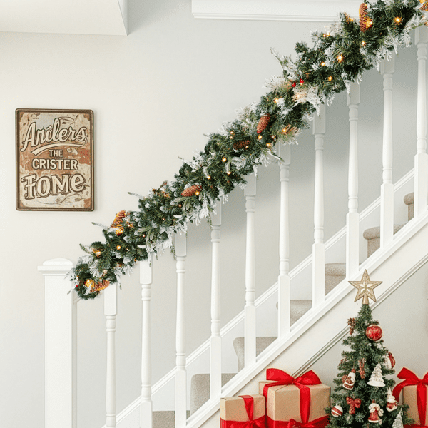 2-Pack 9FT Pre-Lit Snow Flocked Christmas Garlands, 440 Branch Tips, 200 Warm White LEDs for Indoor/Covered Outdoor (Mantel/Staircase)