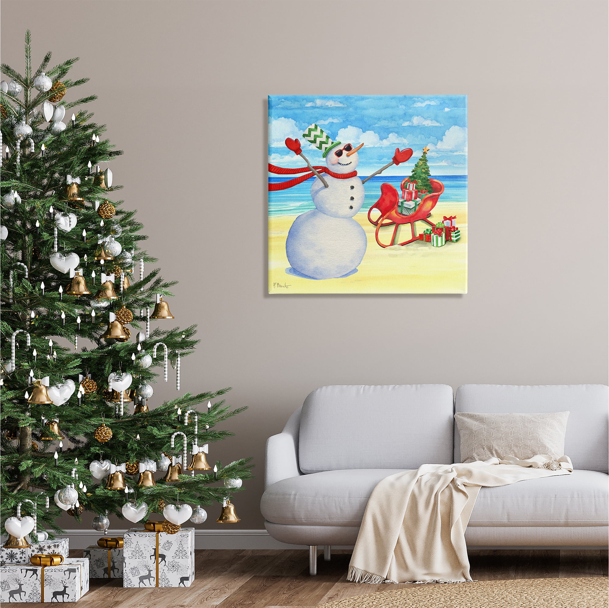 Stupell Industries Snowman on Beach Scene Holiday Painting Gallery Wrapped Canvas Print Wall Art, 30 x 30