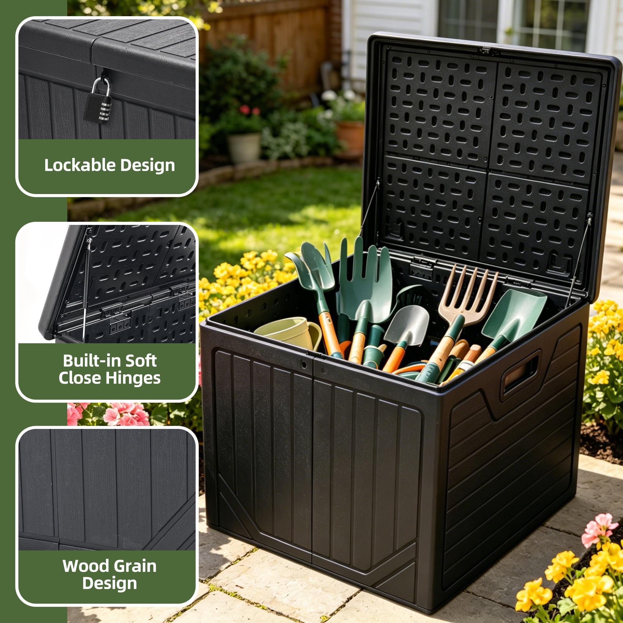 Uforic 150 Gallon Outdoor Resin Deck Box, Lockable Waterproof Patio Storage Bin for Garden Tools, Pool Supplies and Outdoor Furniture Cushions, Black