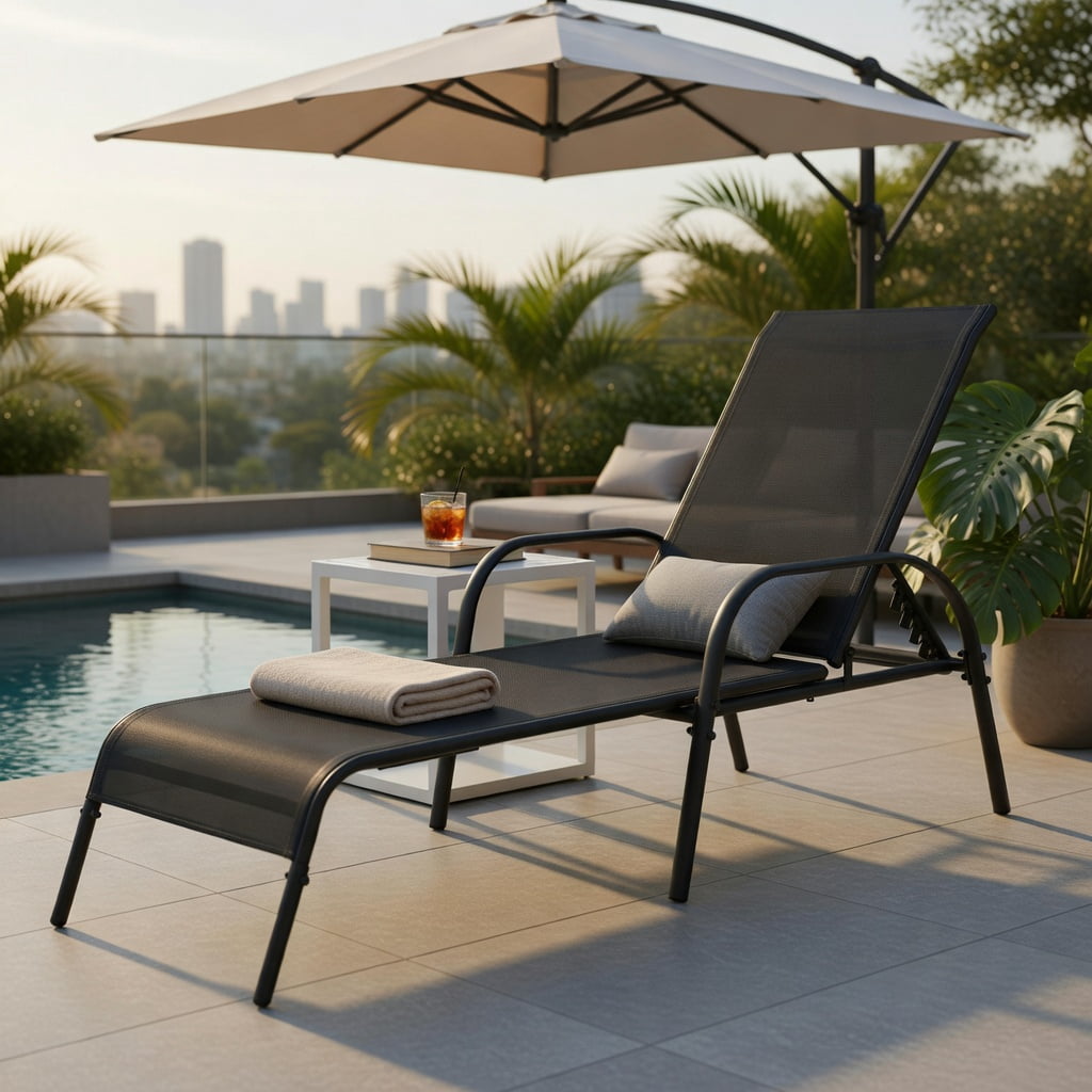 Hommoo Adjustable Folding Patio Chaise Lounge Chair, 5-Position Backrest, Sun-Resistant Fabric & Powder-Coated Steel Frame, Black