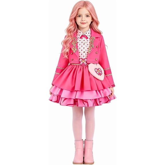 Satmonnus Halloween Princess Costume for G'irl's, Pink Princess Cosplay Costume Set with Jacket and Heart Bag, Deluxe Birthday Cosplay Party Dress Up Outfit for K*-ids