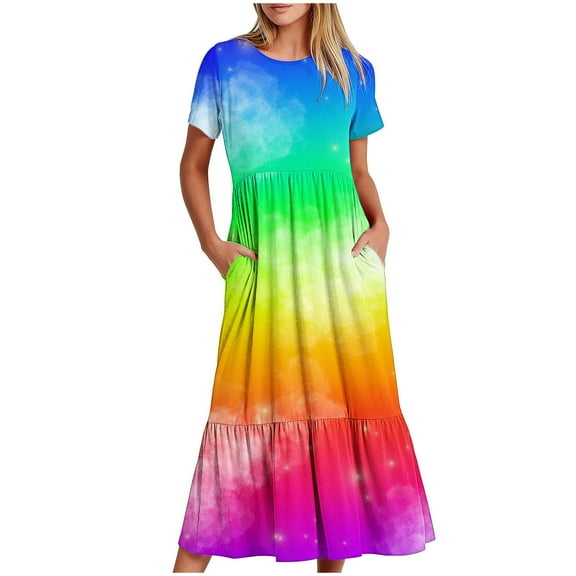 Wycnly Summer Dresses for Women Dresses for Women 2025 Loose Flowy Pleated Swing Tunic Long Dress with Pocket Womens Elegant Tie-Dye Crewneck Short Sleeve Maxi Dress