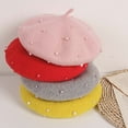 thumbnail image 2 of Fusipu Faux Pearl Decor Children Hat Classic Solid Color Warm Baby Girls Beret Cap for Casual, 2 of 8