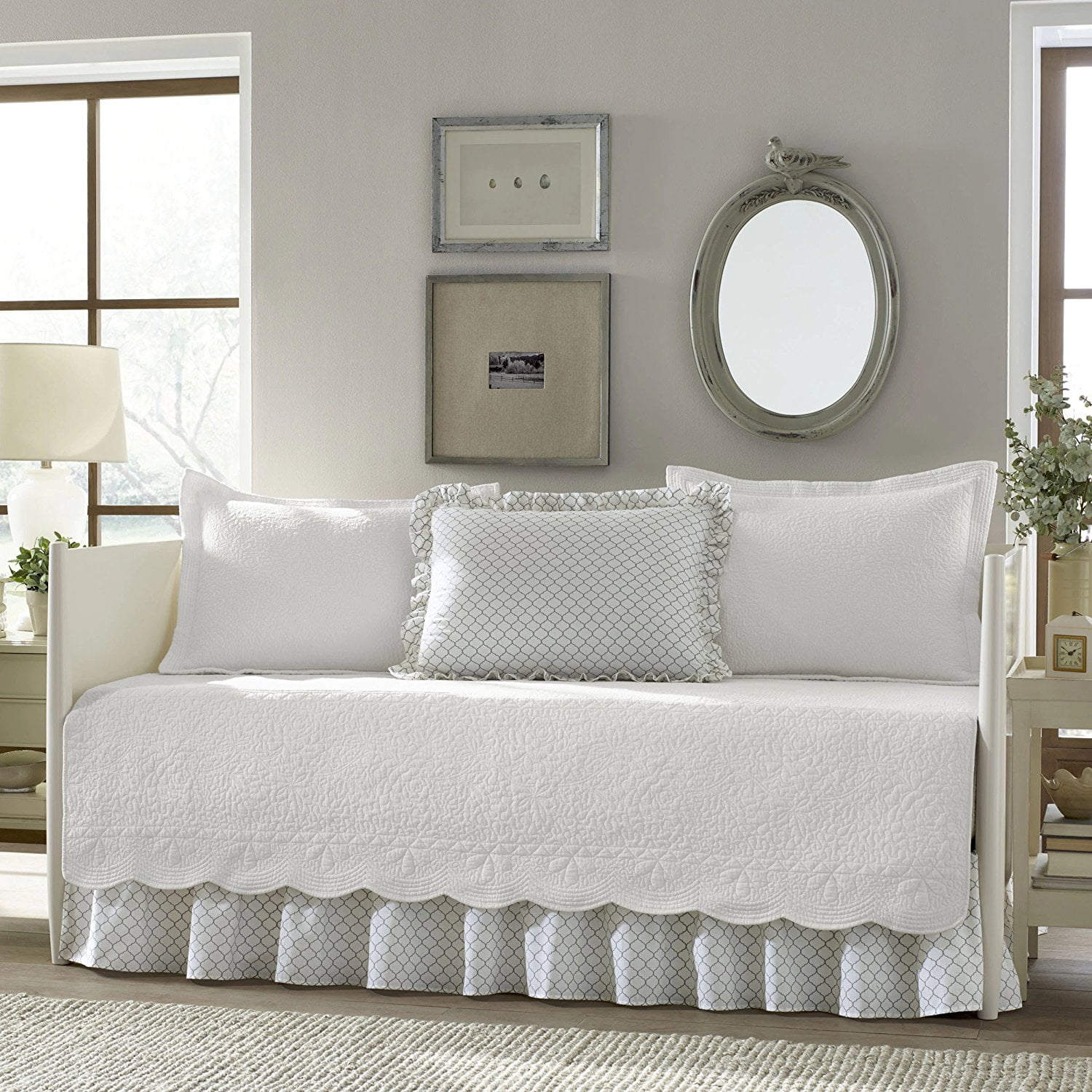 Grey and White Reversible Bedding, 5Piece Cotton Daybed Cover Set with Bedskirt and Vintage