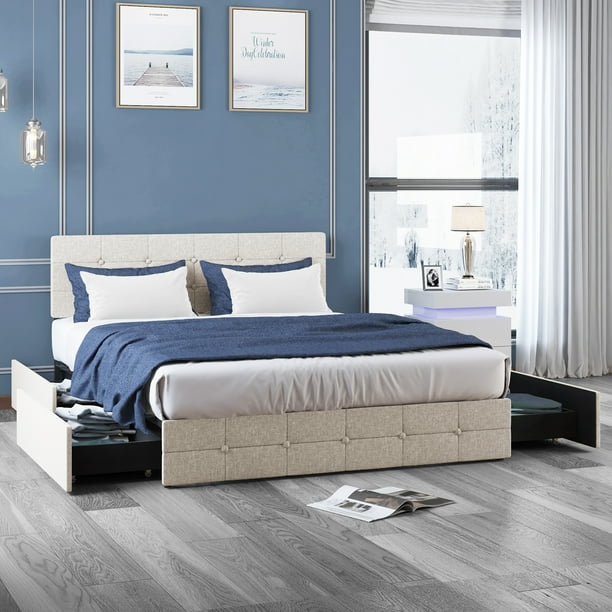 Mjkone Platform Bed Frame with 4 Storage Drawers, Upholstered Bed Frame
