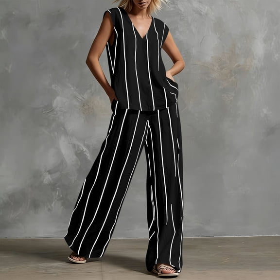 Maqroz Trendy Outfits for Women 2026 2 Piece Sleeveless V Neck Vertical Striped Top and Pants Set with Pockets Loose Fit Casual Outfit Vacation Travel 2026 Black XL