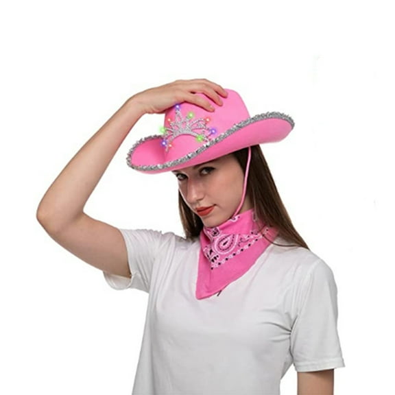 SDJMa Pink Cowgirl Hat with LED Lights - Cowboy Hat with Tiara Crown Rodeo Party Hats