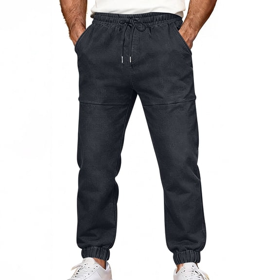 MELDVDIB Mens Jeans Pants Hiking Solid Color Elastic Tapered Leg Pants Drawstring Waisted Travel Pants with Pockets