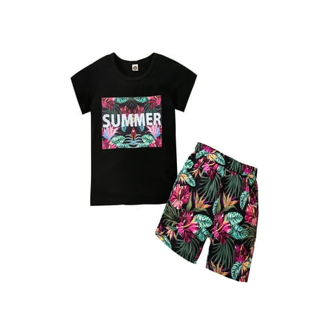 

Girls/Boys Vacational Two-Piece Suit Tropical Print Short Sleeve Tops+Shorts
