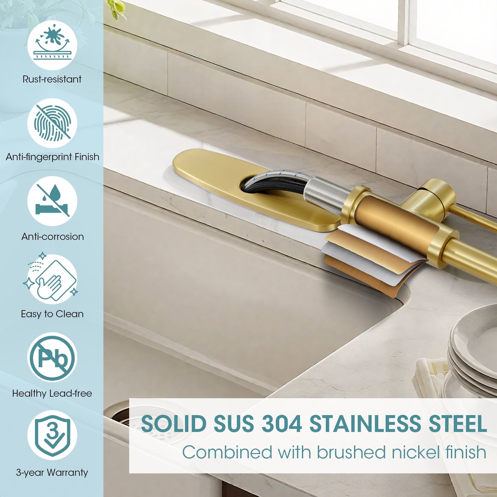 Wowkk Sanitary Ware Kitchen Sink Faucet with Pull Down Sprayer, Single Handle SUS304 Stainless Steel Kitchen Faucets with Deck Plate to Cover 1 or 3 Holes for Bar, Laundry, Brushed Gold