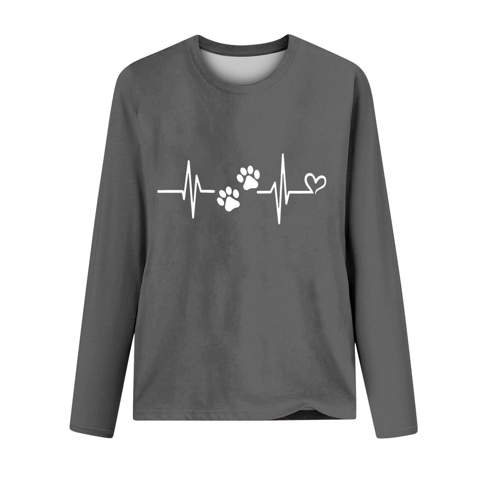 Love Heart Dog Paw Print T Shirts Women Long Sleeve Pullover Tops Casual Blouse Heartbeat Graphic Dog Mom Gift Tees