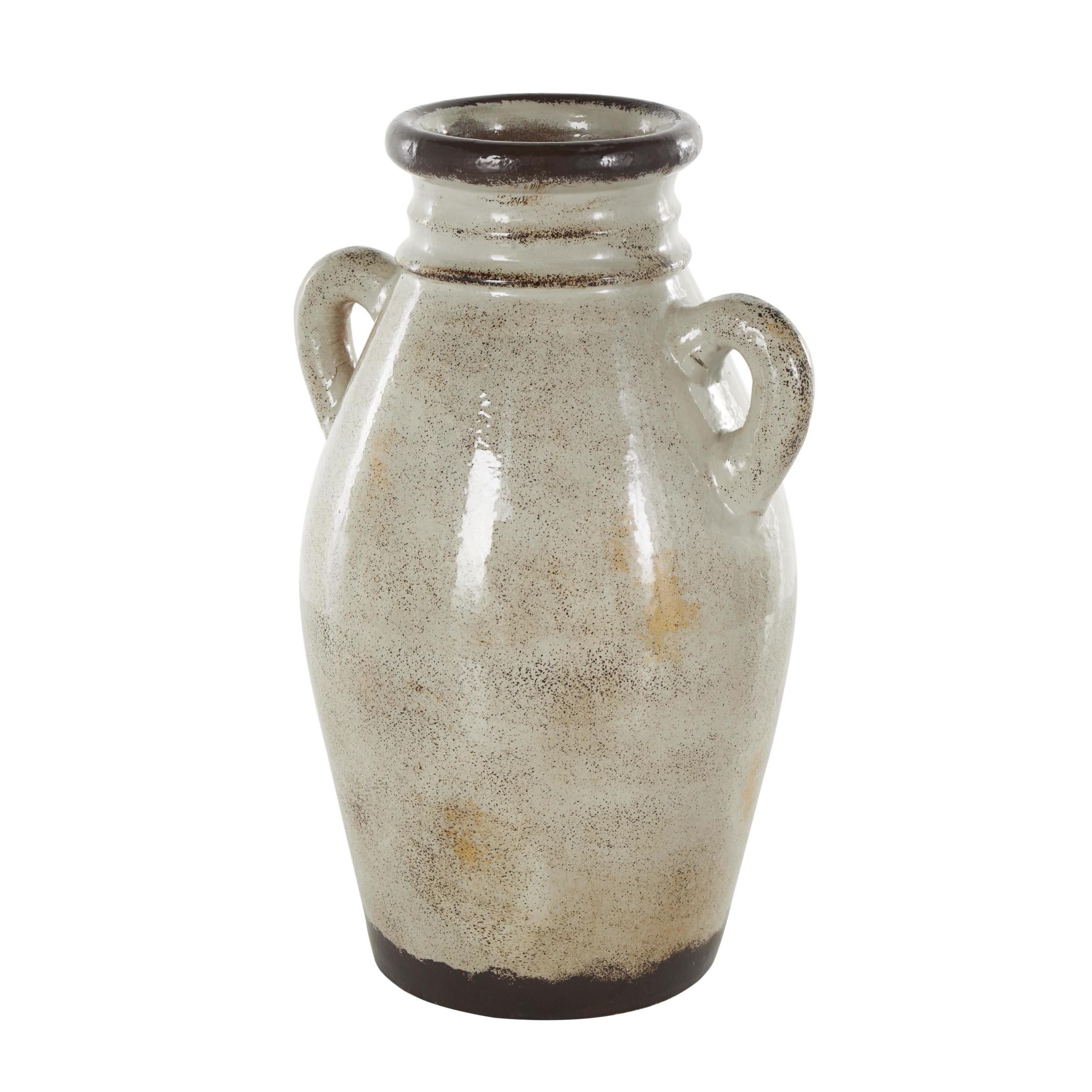 DecMode 14" Antique Amphora Cream Ceramic Vase with Speckled Texturing and Yellow and Brown Accents