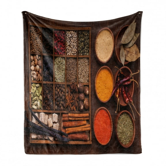 Spice Soft Flannel Fleece Throw Blanket, Peppers Cardamom Chili Cinnamon Cloves Garlic Turmeric and Others in a Wooden Box, Cozy Plush for Indoor and Outdoor Use, 50" x 60", Multicolor, by Ambesonne