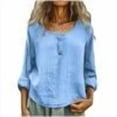 thumbnail image 7 of Hfnxid Cotton Linen Shirts for Women Fashion Solid Color Crew Neck Shirts Trendy Button Long Sleeve Tops Casual Loose Fit Blouses, 7 of 7